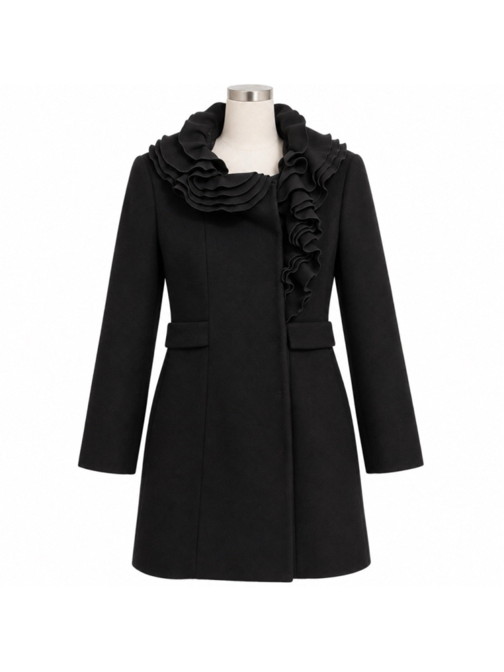 Elie Tahari Black Ruffle Collar Coat Tailored Statement Jacket M 100% Wool